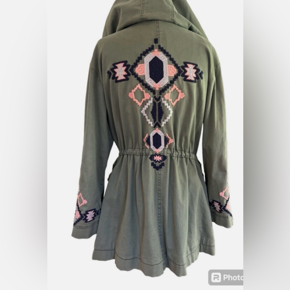 Free People Olive Green Utility Jacket with Pink & Black Embroidery